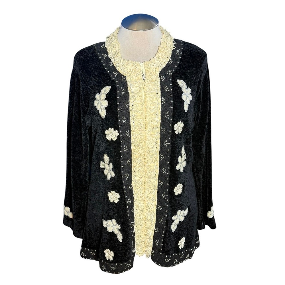 Sweater Sweater Womens XL Black Chenille Zip Cardigan Floral Beaded Lace Trim